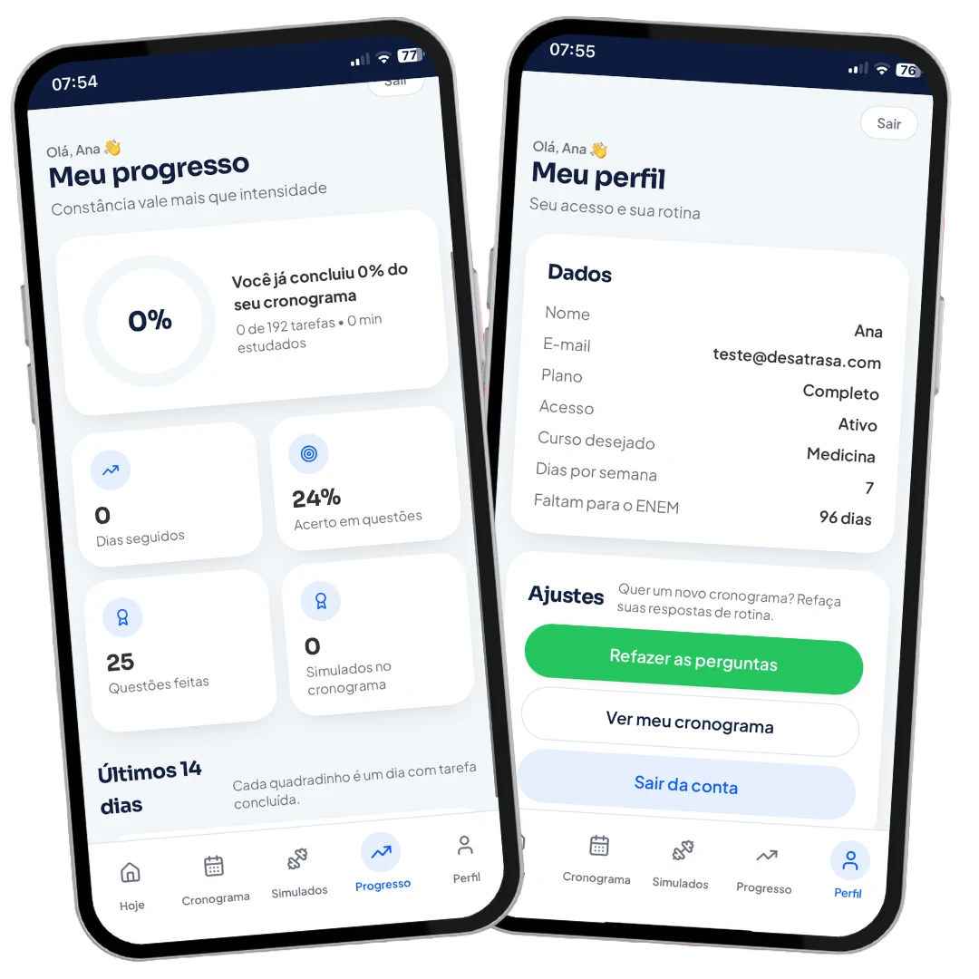Tela de progresso do APP Desatrasa ENEM 2026